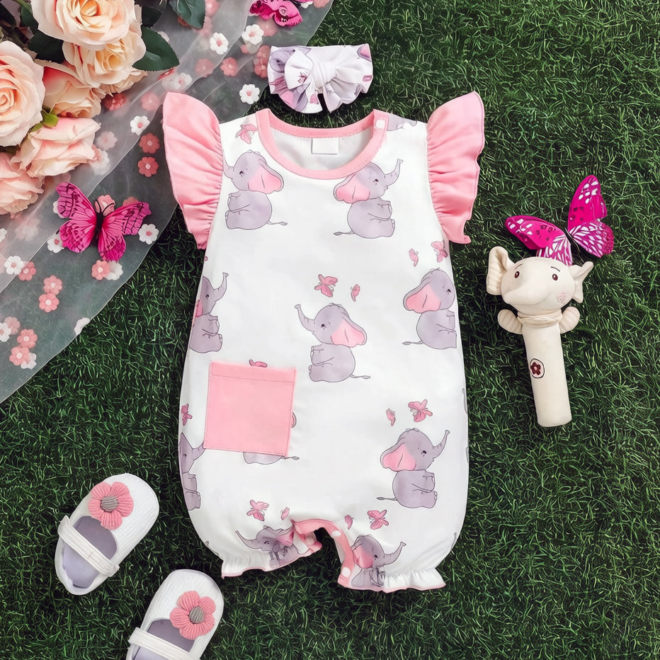 2PCS Cute Elephant Printed Flounce Sleeve Baby Jumpsuit
