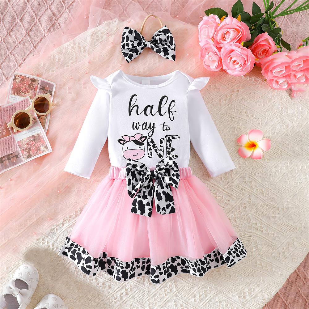 3PCS Halt Way To One Letter Print Long Sleeve Baby Girl Set