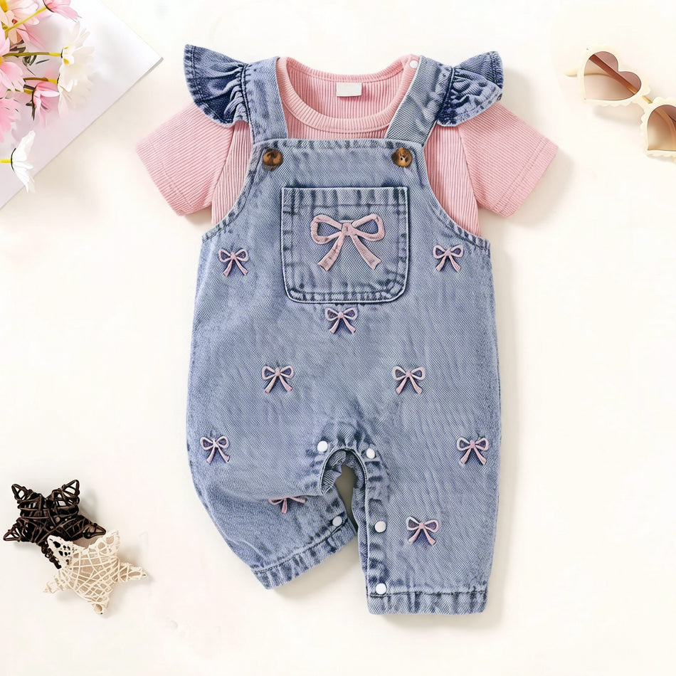 2PCS Bowknot Embroidery Denim Overalls Baby Set