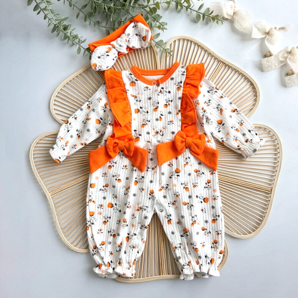 2PCS Vivid Floral Print Long Sleeve Ruffle Baby Girl Jumpsuit