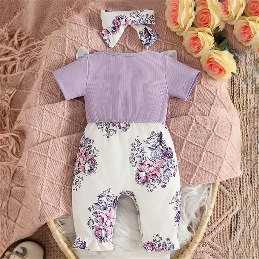 2PCS Elegant Floral Print Bow Short Sleeve Baby Jumpsuit