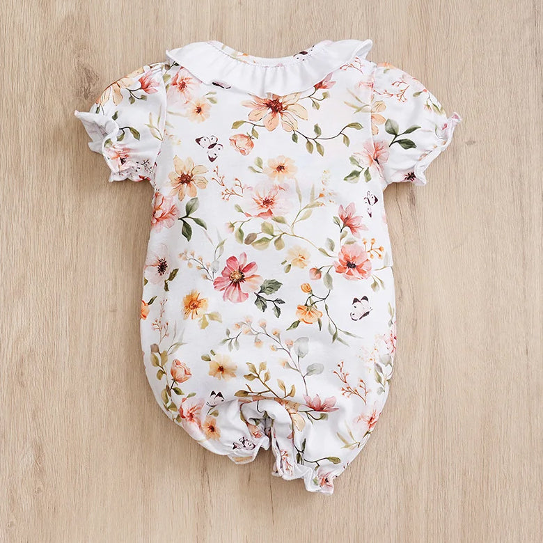 Casual Round Neck Floral Printed Short Sleeve Baby Jumpsuit