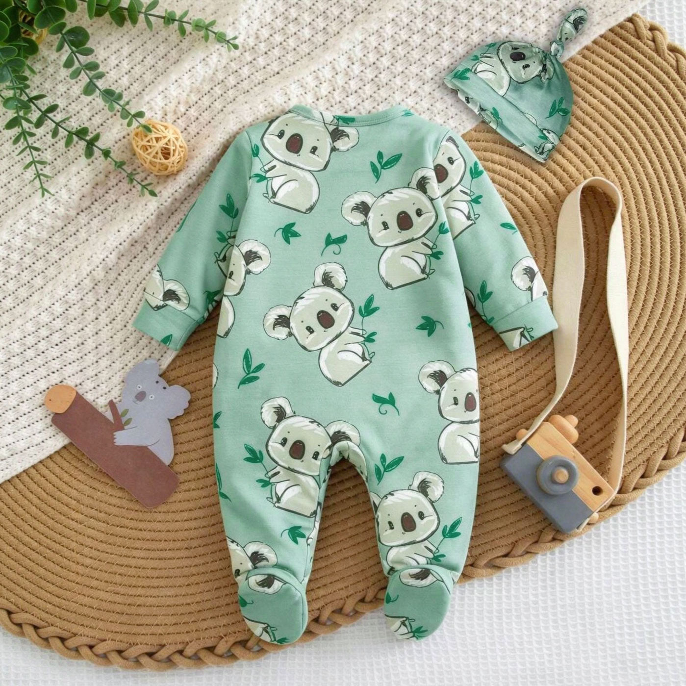 2PCS Casual Cute Koala Printed Long Sleeve Baby Jumpsuit