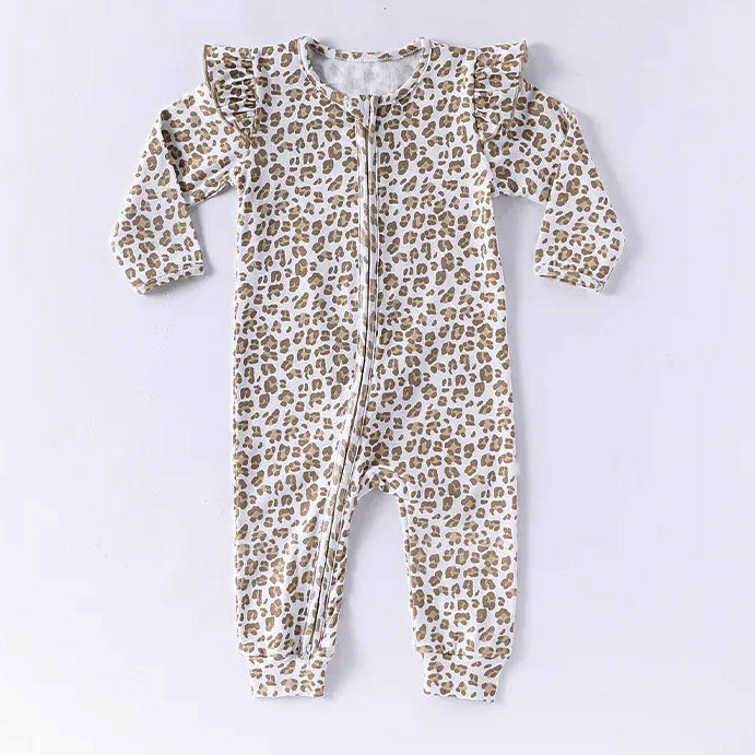 2PCS Allover Leopard Printed Zipper Baby Jumpsuit