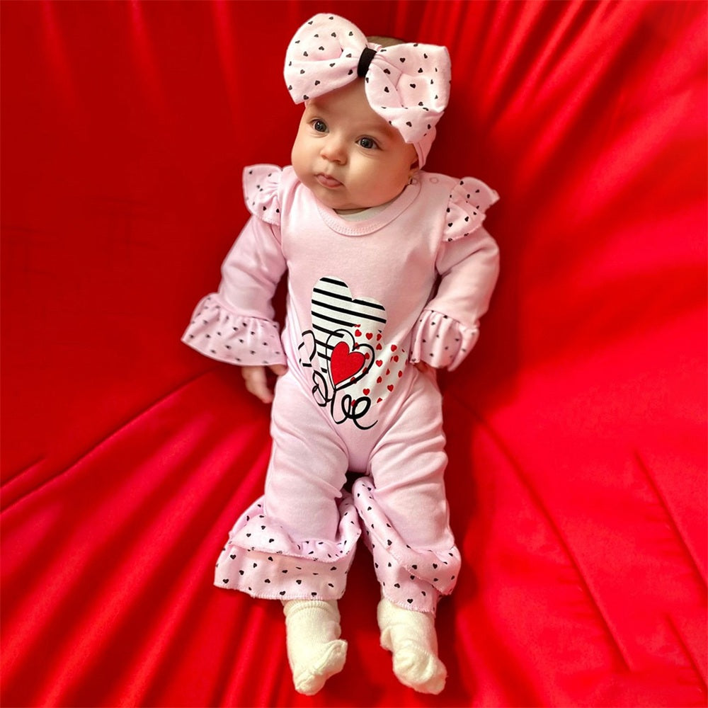 2PCS Love Letter Heart Long Sleeve Ruffle Baby Jumpsuit