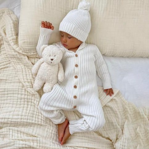 Comfy Knit Solid Color Long Sleeve Baby Jumpsuit