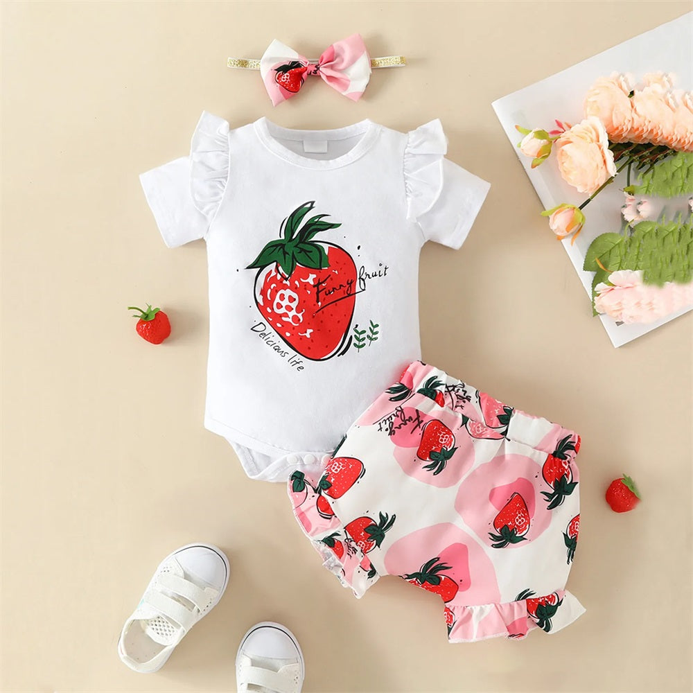 3PCS Sweet Strawberry Printed Ruffled Short Sleeve Baby Set