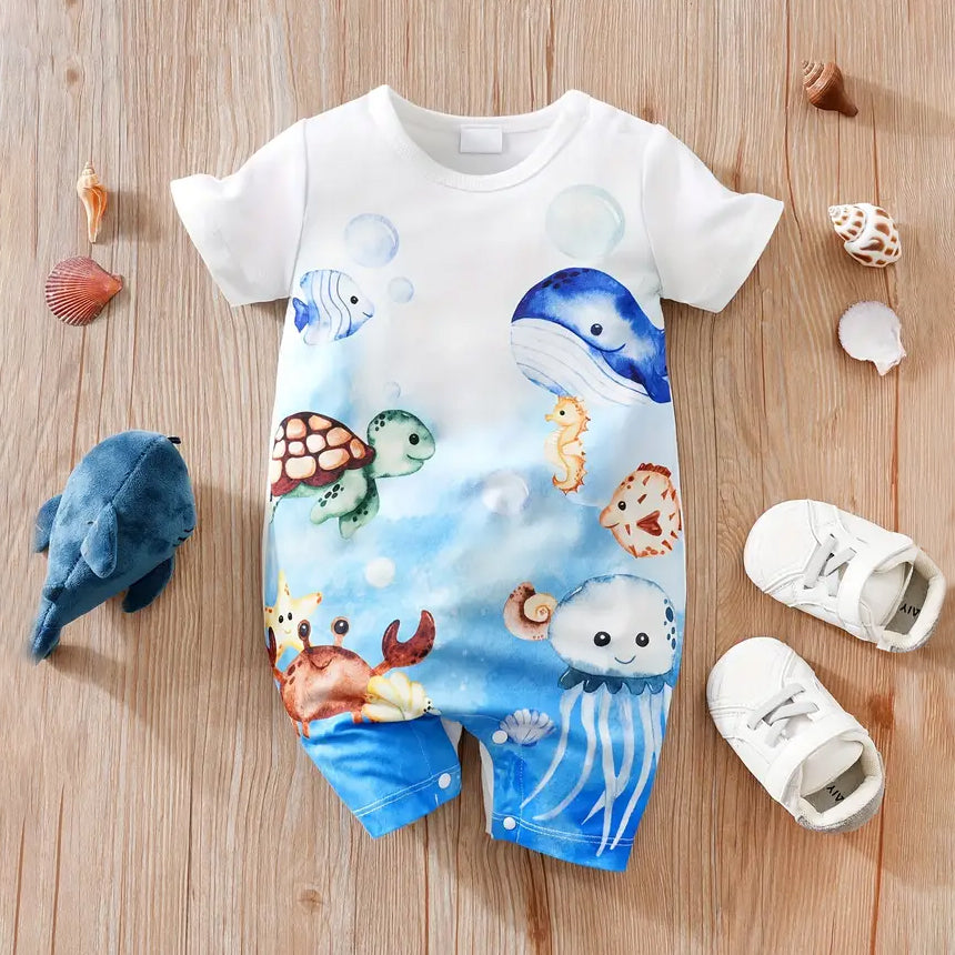 Summer Cute Marine Animal Printed Short Sleeve Baby Jumpsuit