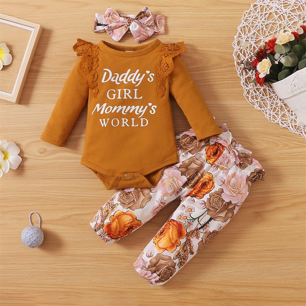 3PCS Daddy's Girl Mommy's World Letter Floral Printed Baby Set