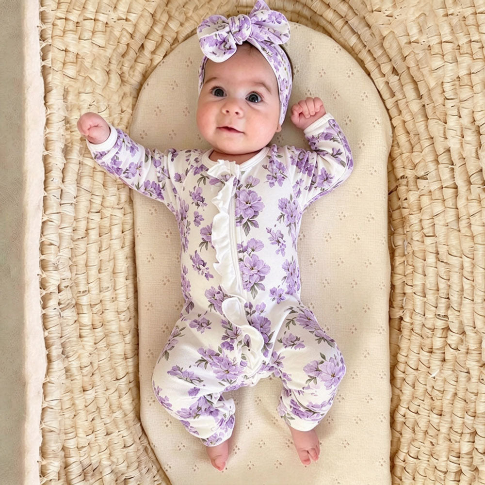 2PCS Elegant Floral Printed Ruffle Zipper Long Sleeve Baby Jumpsuit