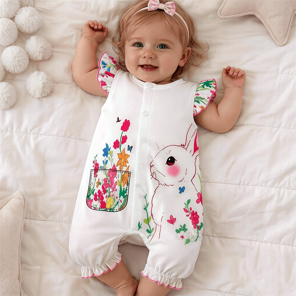Lovely Rabbit Floral Print Flutter Sleeve Baby Jumpsuit