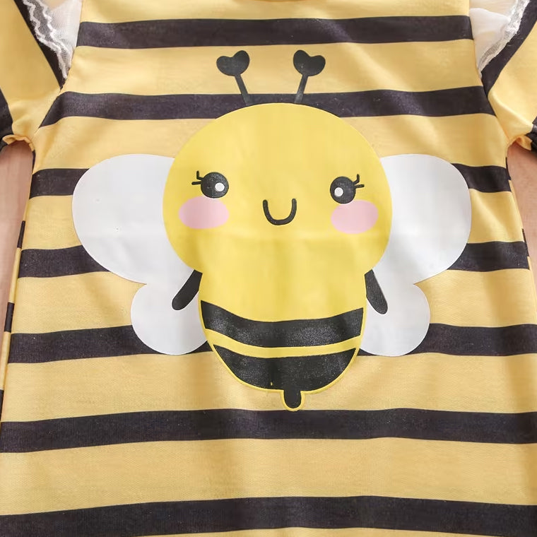 Lovely Bee Stripe Print Long Sleeve Baby Girl Jumpsuit