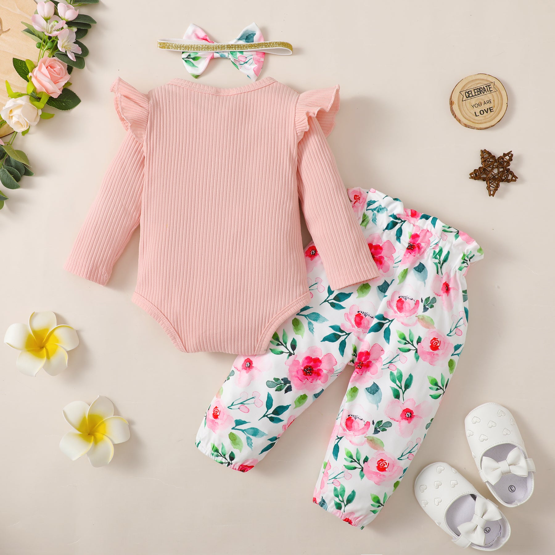 3PCS Pretty Floral Printed Ruffled Long Sleeve Baby Set