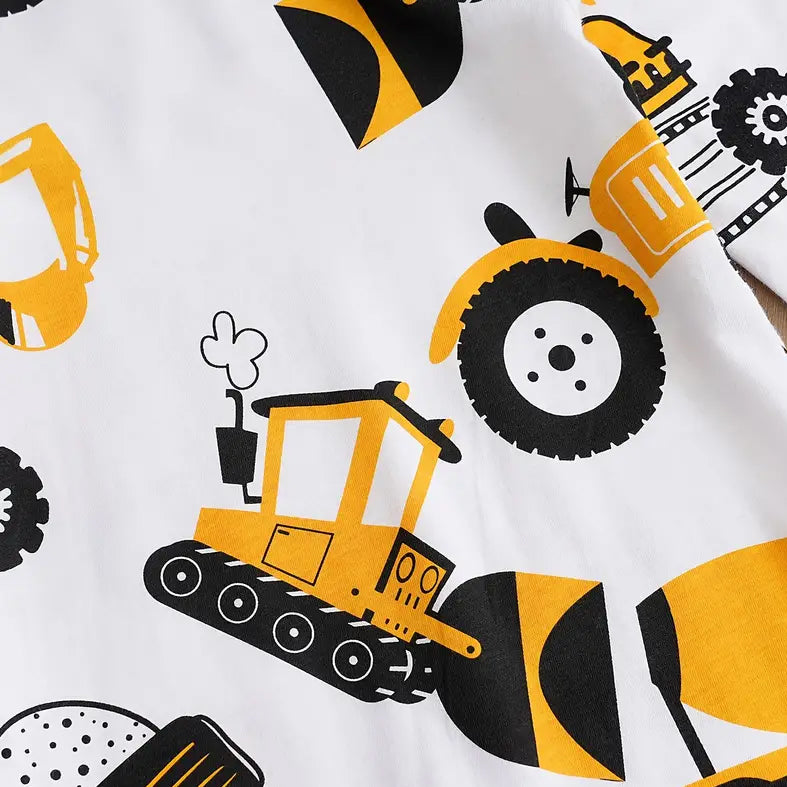 Cute Cartoon Bulldozer Printed Long Sleeve Baby Jumpsuit