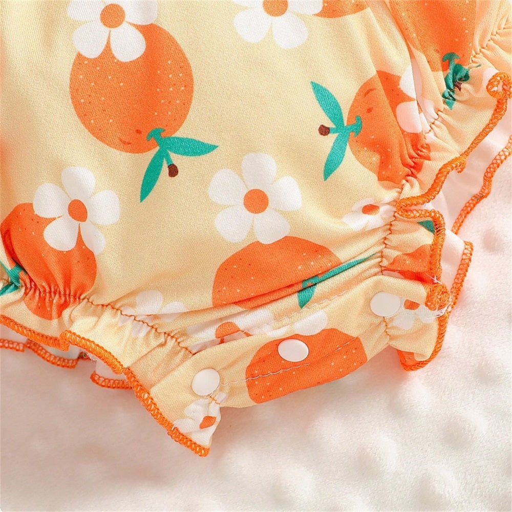 2PCS Casual Orange and Floral Printed Sleeveless Baby Romper
