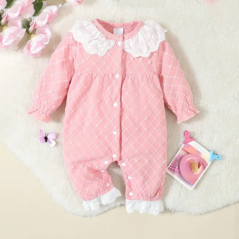 Adorable Embroidery Ruffle Decor Textured Long Sleeve Baby Jumpsuit