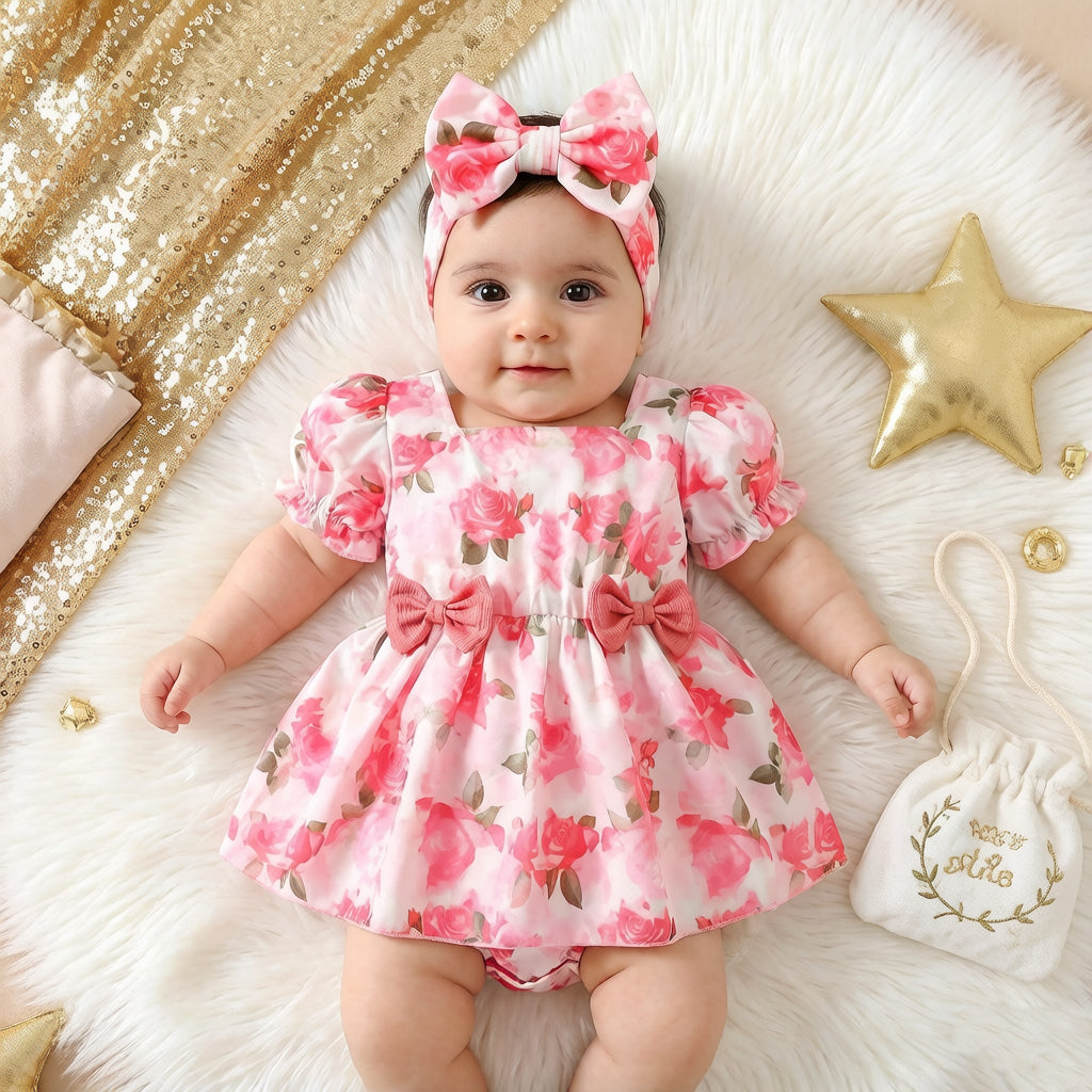 2PCS Vibrant Floral Print Bow Short Sleeve Baby Romper