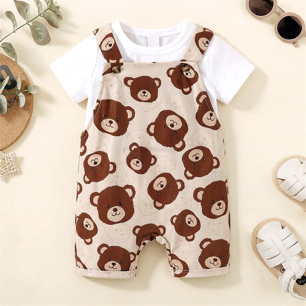 2PCS Cute Cartoon Bear Printed Short Sleeve Baby Overalls Set