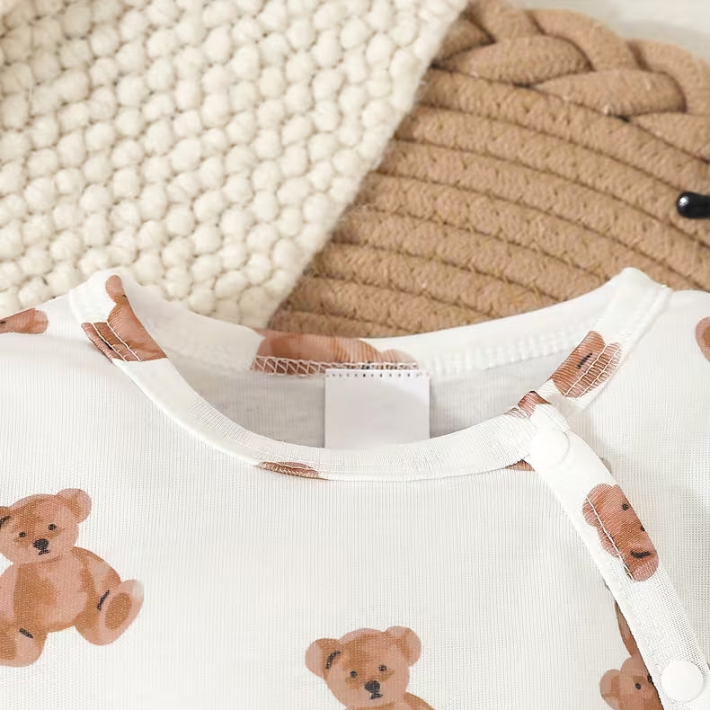 2PCS Delightful Teddy Bear Print Long Sleeve Baby Jumpsuit
