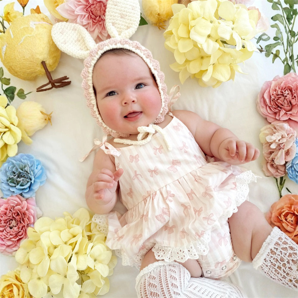 Sweet Bow Printed Striped Suspender Baby Romper