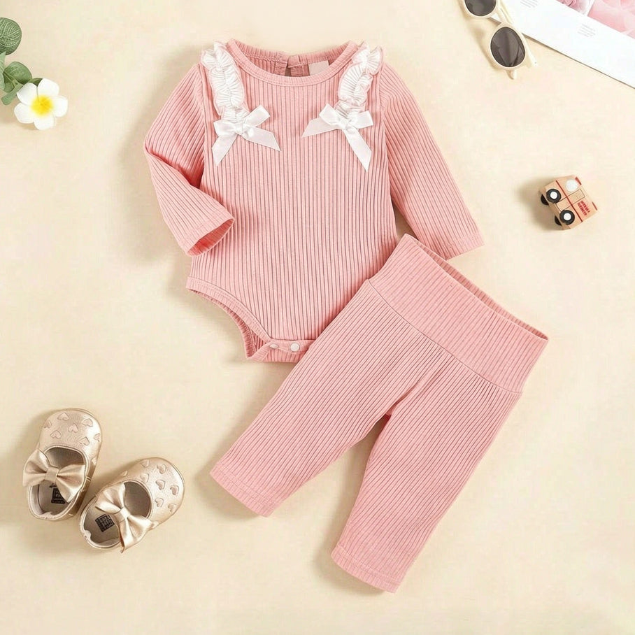 2PCS Sweet Solid Color Bow Long Sleeve Baby Girl Set