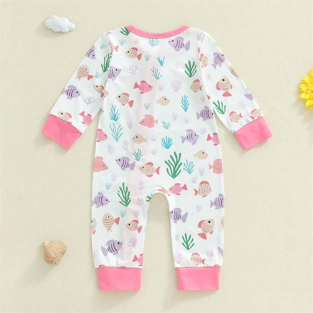 Lovely Fish Print Long Sleeve Zipper Baby Jumpsuit