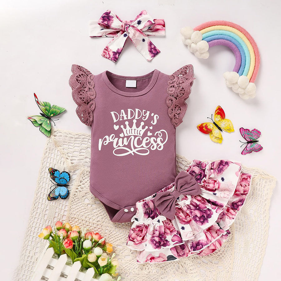 3PCS Daddy's Little Princess Letter Floral Printed Sleeveless Baby Set