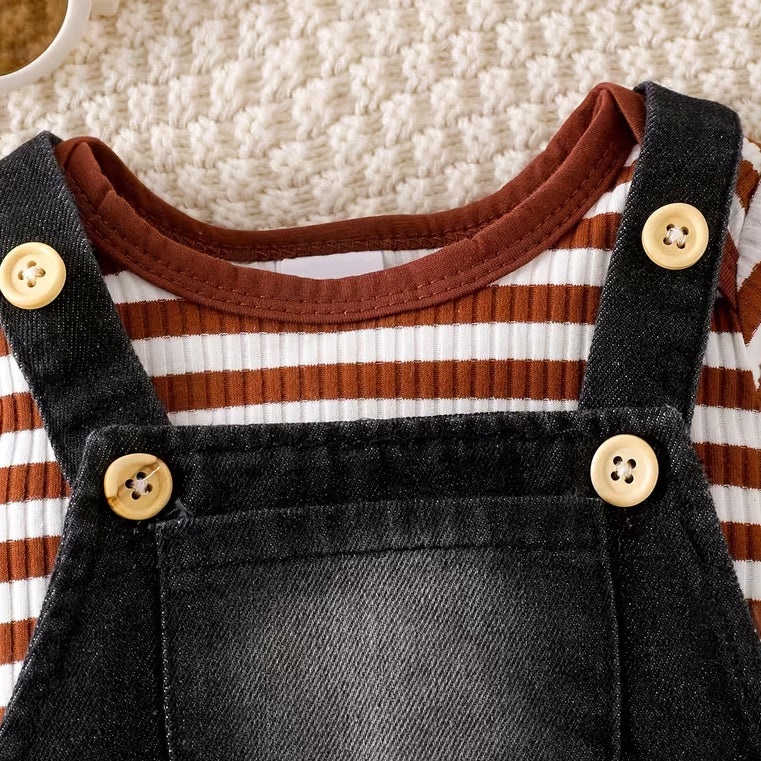 2PCS Stripe Print Denim Overalls Baby Set