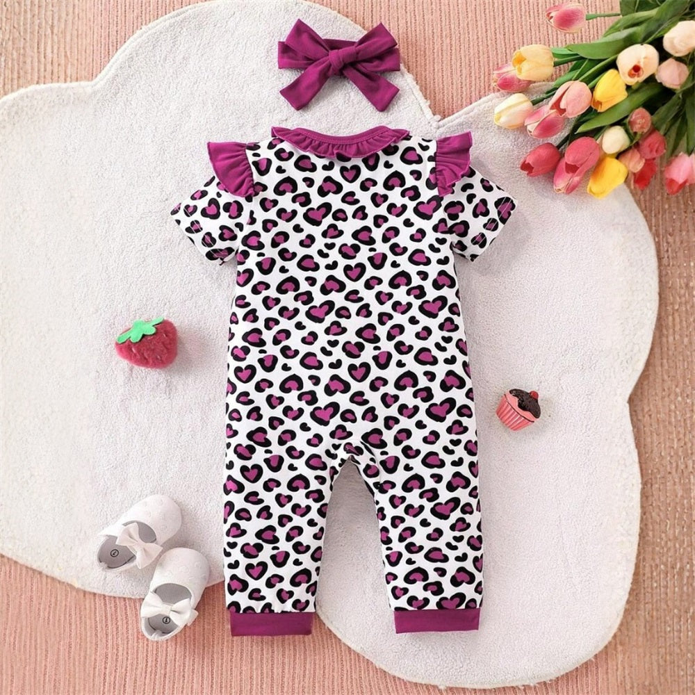 2PCS Leopard Printed Frill Trim Short Sleeve Baby Jumpsuit