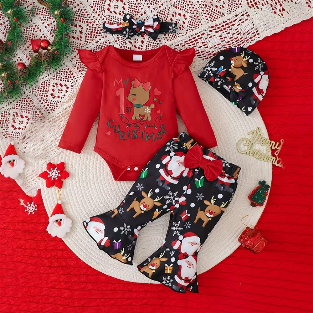 4PCS My 1st Christmas Letter Elk Print Long Sleeve Baby Set