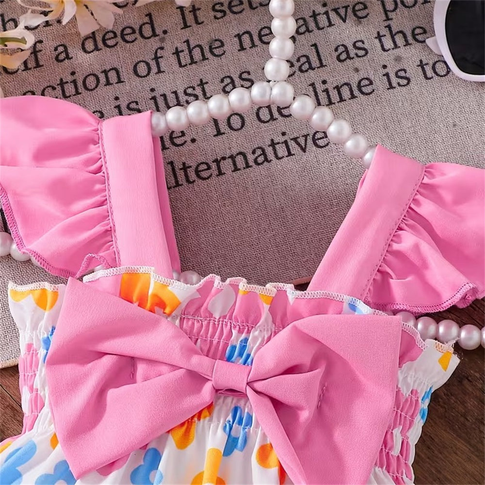 Cute Floral Printed Bow Fly Sleeve Baby Romper
