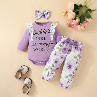 3PCS Pretty Daddy's Girl Letter Floral Printed Baby Set