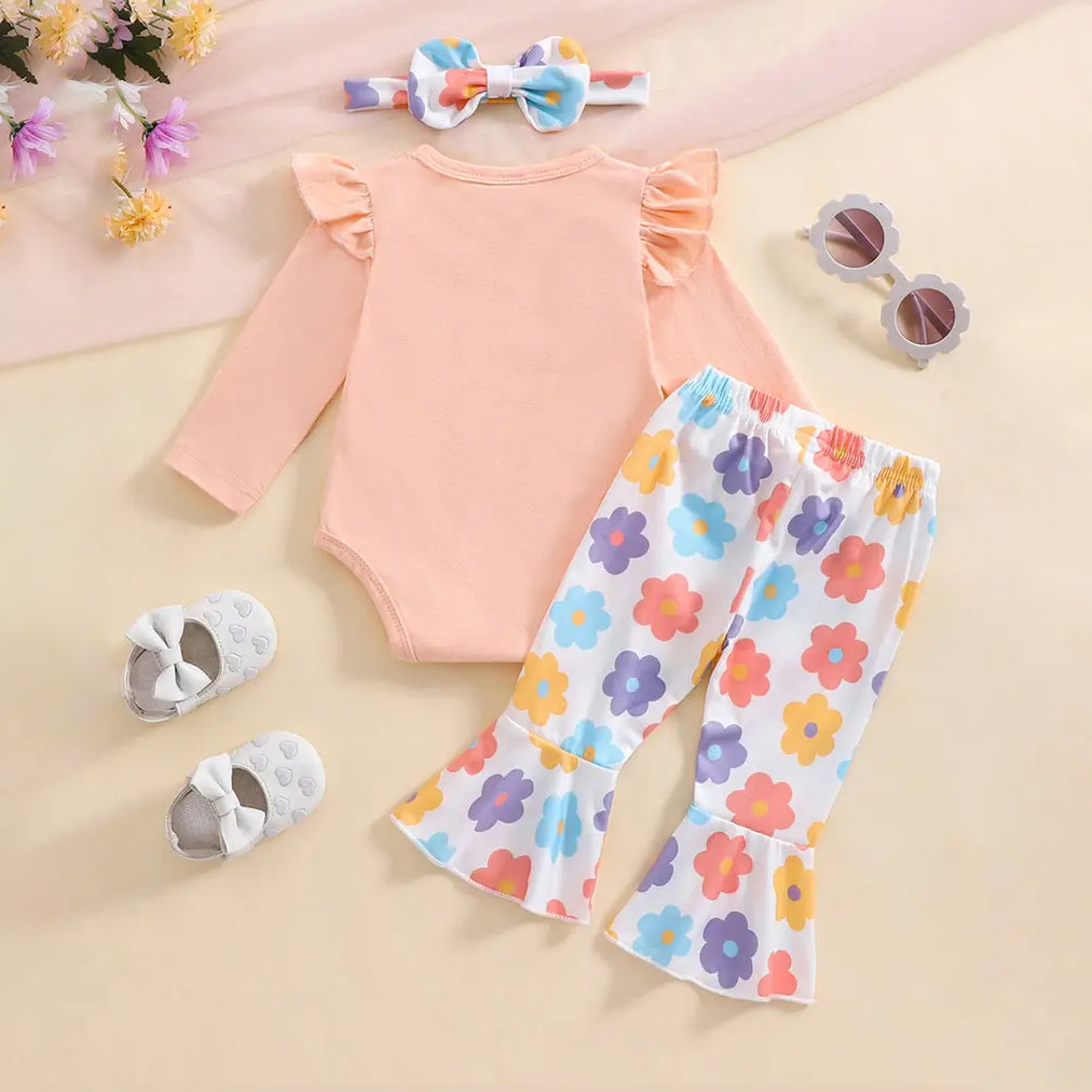 3PCS Cute Little Sister Letter Floral Printed Baby Set