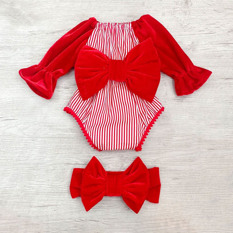 2PCS Chic Red Velvet Stripe Printed Bow Long Sleeve Baby Romper