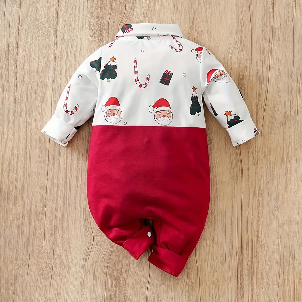 Cute Santa Claus and Tree Printed Fake Two Pieces Long Sleeve Baby Jumpsuit