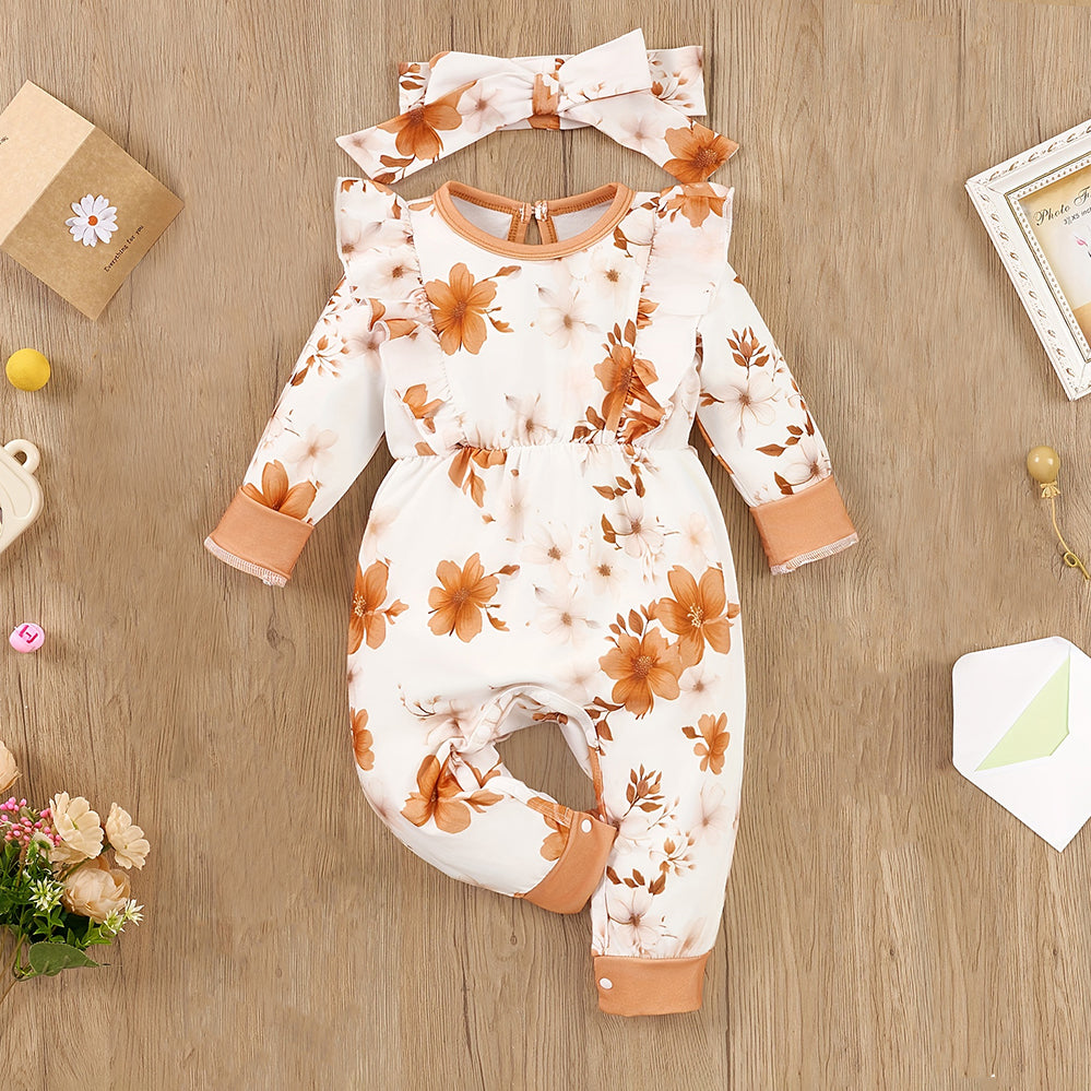 2PCS Allover Floral Printed Long Sleeve Ruffle Baby Jumpsuit