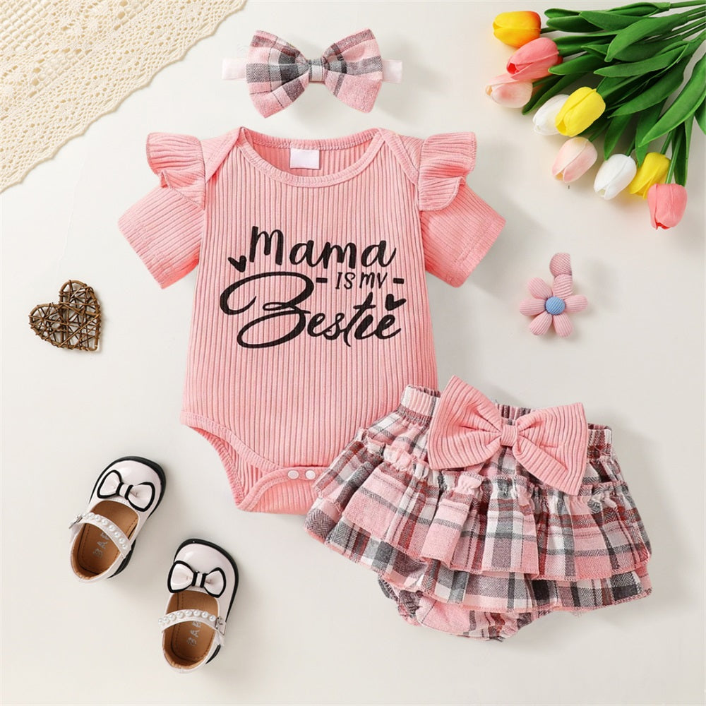 3PCS Mama Is My Bestie Letter Printed Plaid Short Sleeve Baby Set