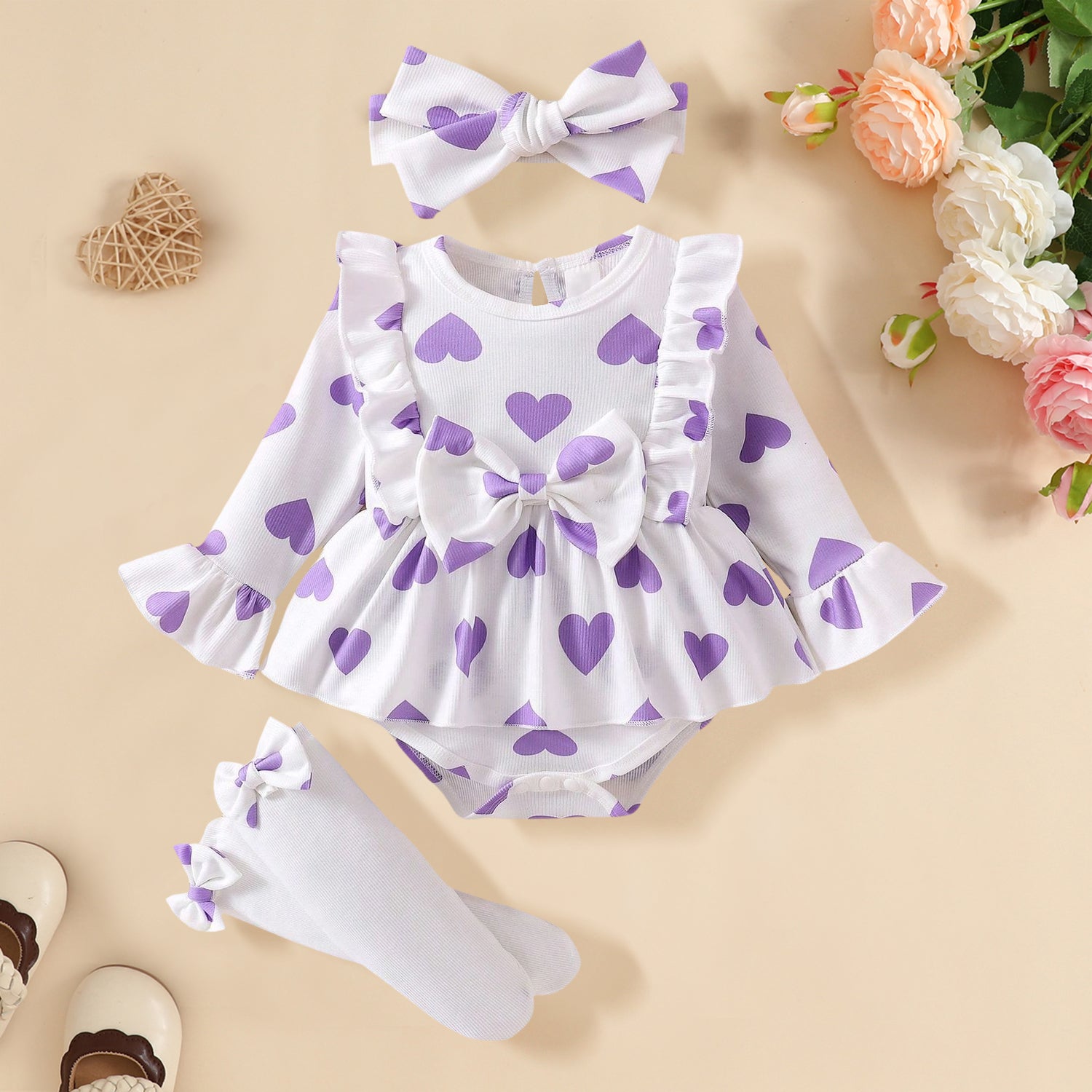 3PCS Adorable Heart Printed Long Sleeve Baby Romper