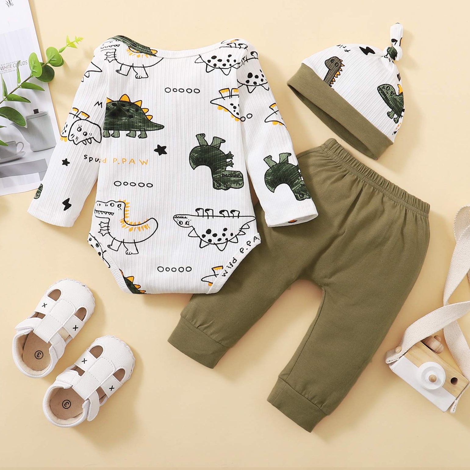 3PCS Cartoon Dinosaur Printed Long Sleeve Baby Set