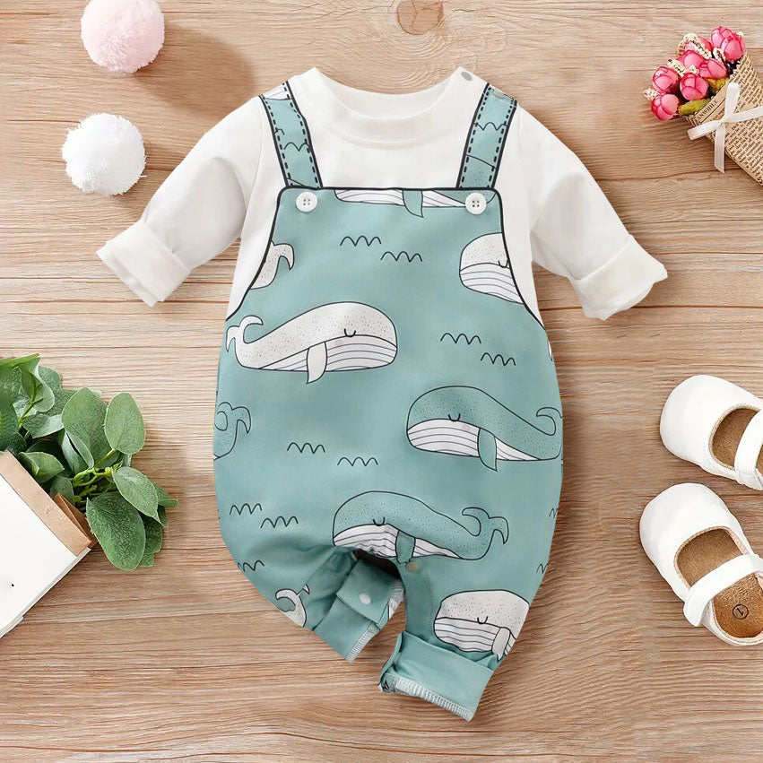 Cute Whale Printed Long Sleeve Baby Jumpsuit