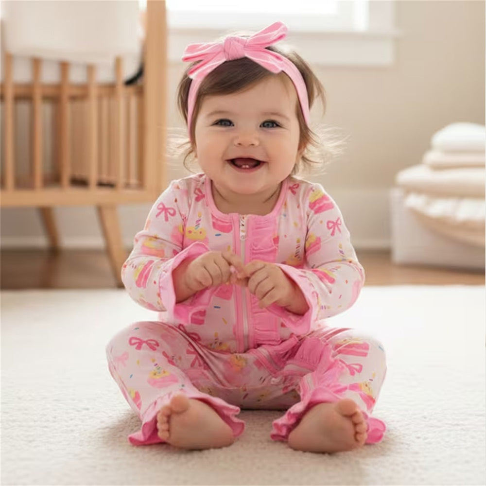 2PCS Sweet Cake and Bow Print Long Sleeve Baby Jumpsuit