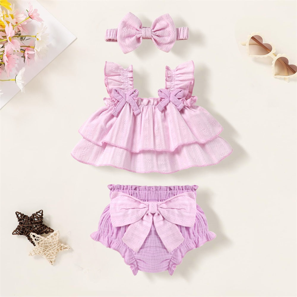 3PCS Solid Color Fly Sleeve Frill Trim Baby Set