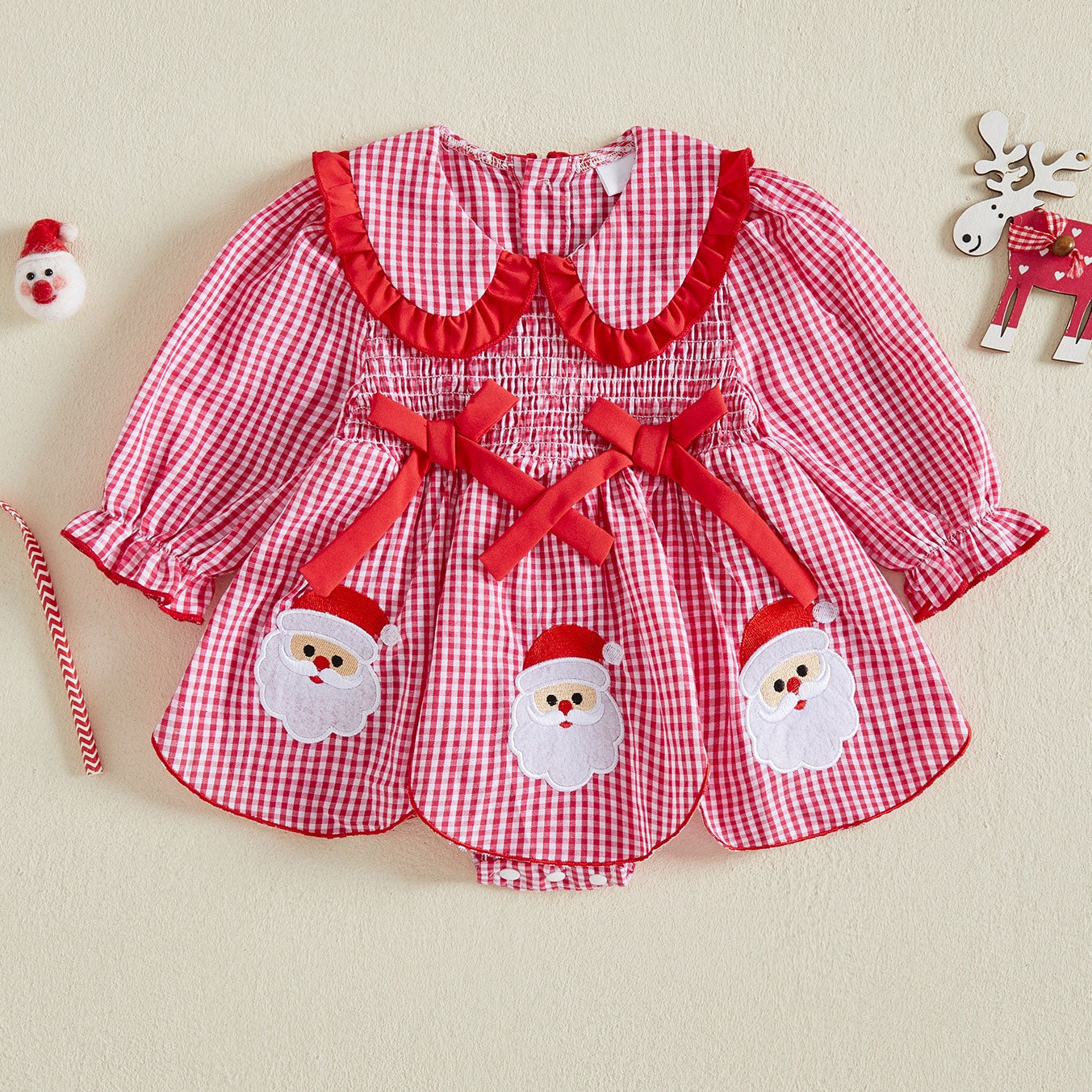 Lovely Christmas Santa Claus Plaid Printed Long Sleeve Baby Romper
