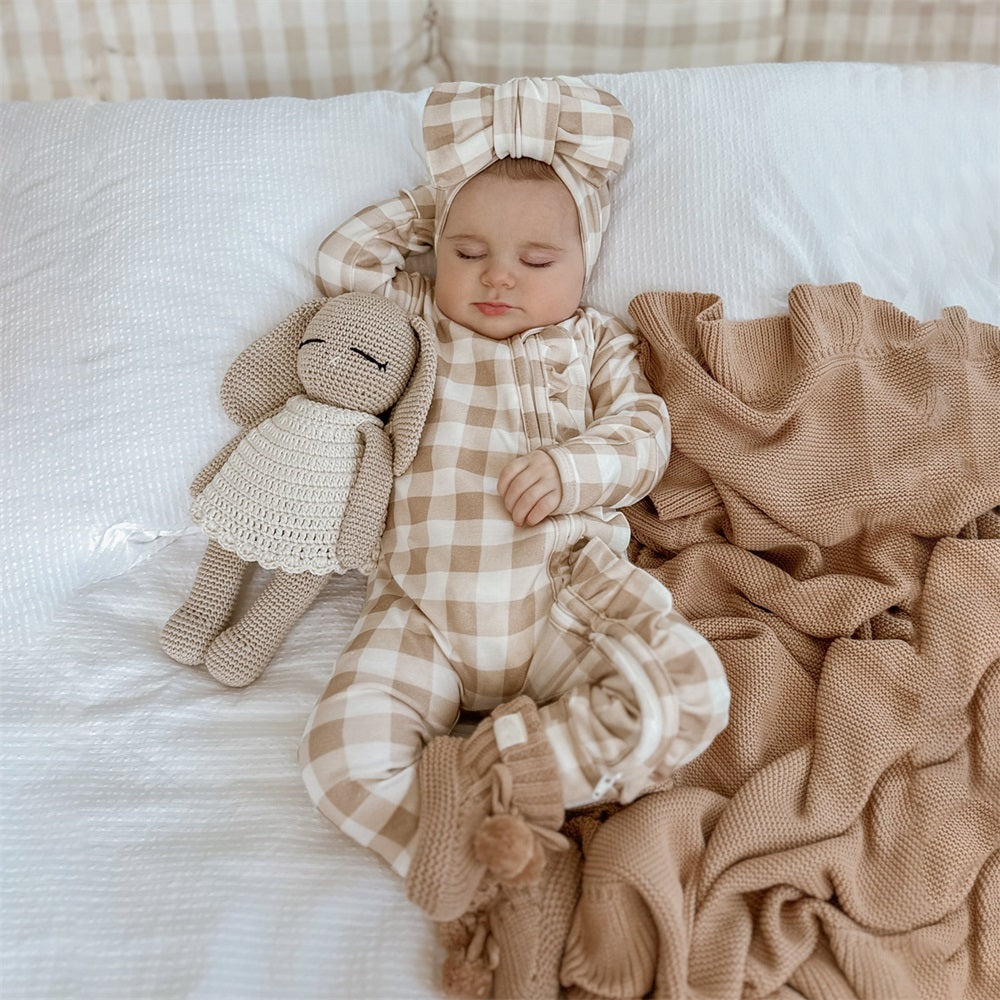 2PCS Casual Plaid Print Frill Zipper Long Sleeve Baby Jumpsuit