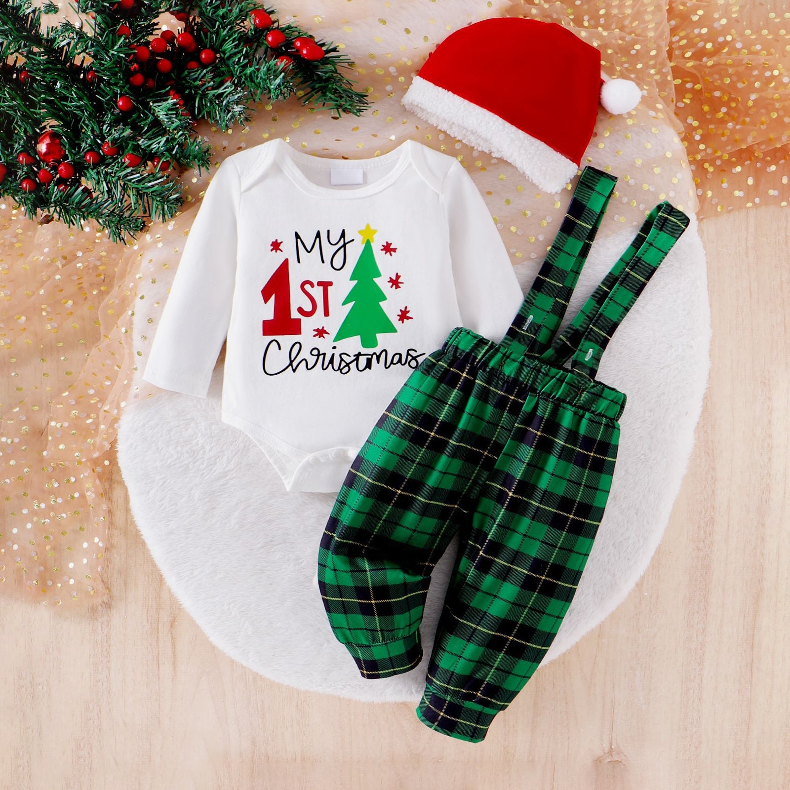 3PCS My 1st Christmas Letter and Plaid Printed Overalls Baby Set