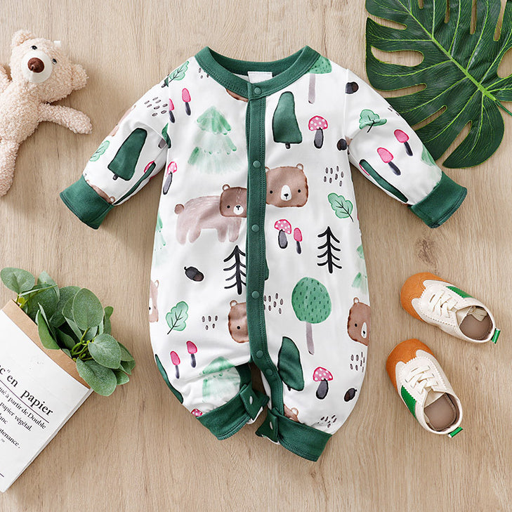 Comfy Animal Printed Long Sleeve Baby Jumpsuit