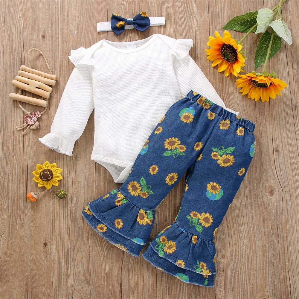 3PCS Sunflower Print Long Sleeve Baby Denim Set