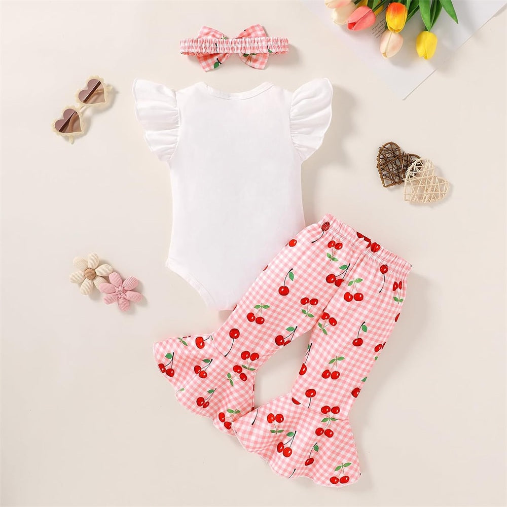 3PCS Pretty One Letter Cherry Plaid Printed Baby Set