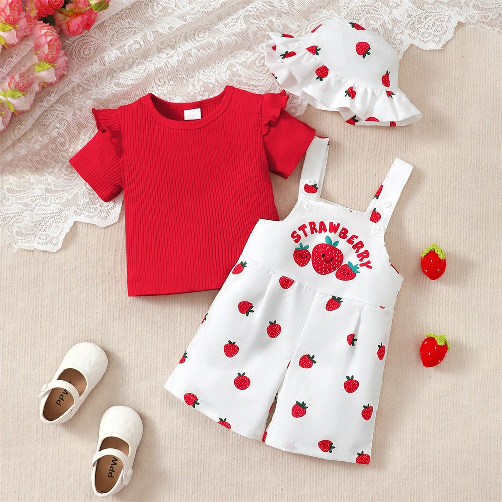 3PCS Adorable Strawberry Printed Short Sleeve Baby Overalls Set