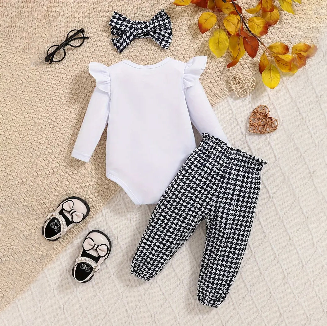 3PCS Sassy Just Like My Mama Letter Houndstooth Printed Long Sleeve Baby Set